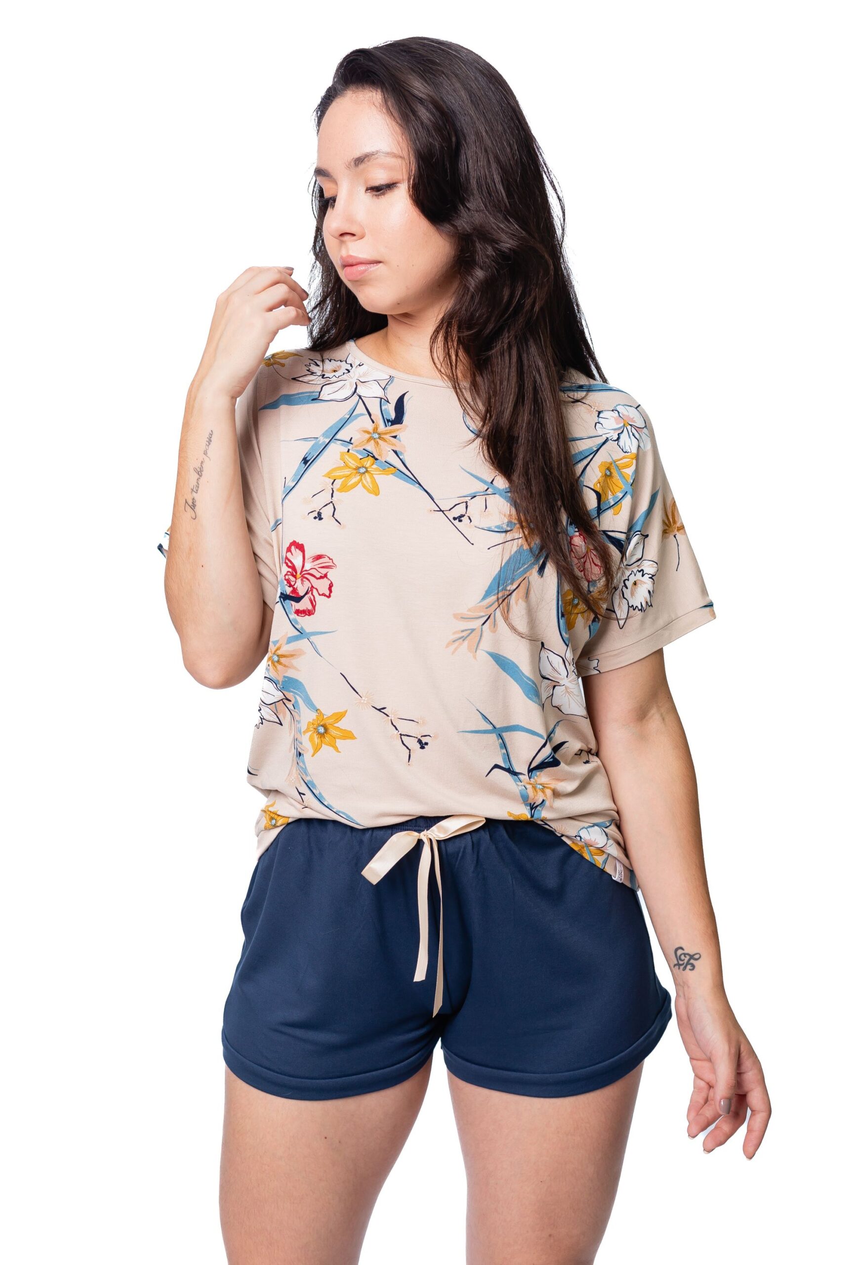 PIJAMA FLORAL COM SHORTS MARINHO